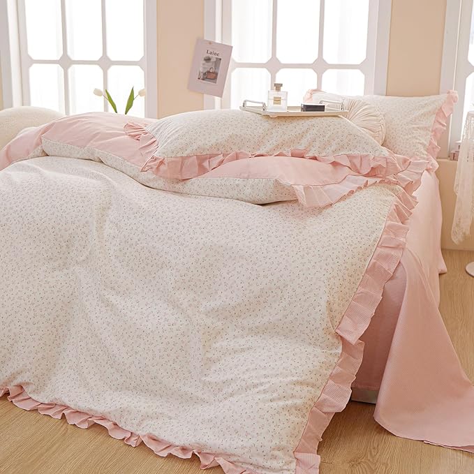 Romantic Pink Floral Duvet Cover Queen 100% Cotton Pink Ruffle Duvet Cover Girls Flower Comforter Cover Princess Lace Bedding Set Vintage Floral Coquette Bedding Comforter Cover with 2 Pillowcases