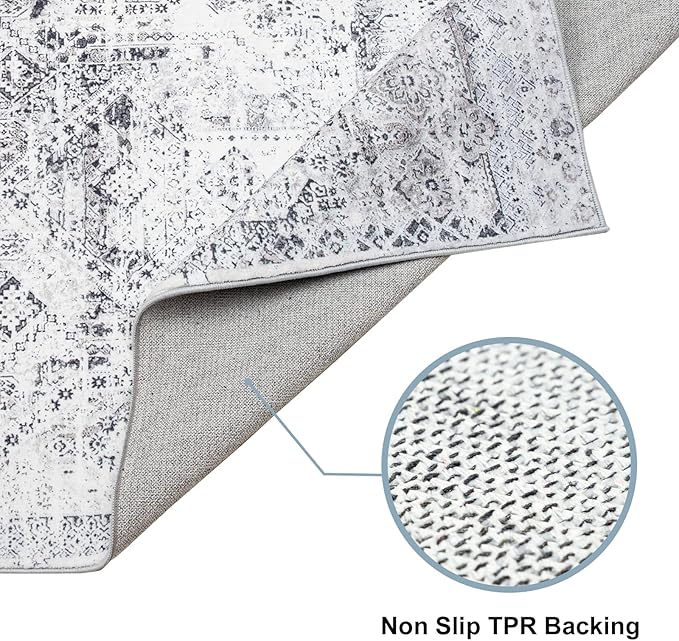 Domitapis Area Rug 5×7, Vintage Boho Rug,Ultra-Soft Low Pile, Washable, Non Slip,Stain Resistant Printed Carpet for Living Room Bedrooms Playroom Office Kitchen, Classic Grey.