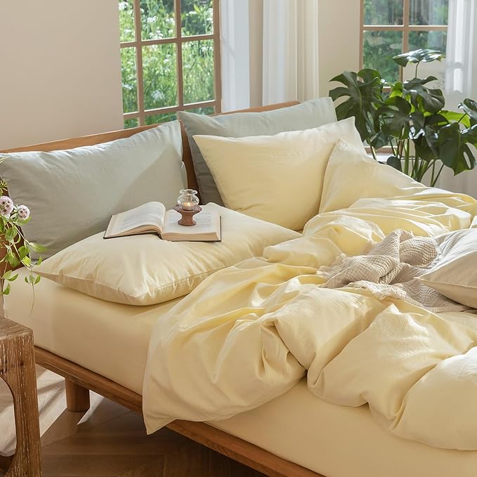 MooMee Bedding Duvet Cover Set 100% Washed Cotton Linen Like Textured Breathable Durable Soft Comfy (Heathered Butter Yellow, Super Queen 90"x98")