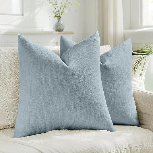 HAUSSY Denim Blue Throw Pillow Covers 20x20 Inch Set of 2,Boho Decorative Faux Linen Throw Pillows Cozy Farmhouse Accent Cushion Covers,Home Decor for Couch Sofa Bed Living Room