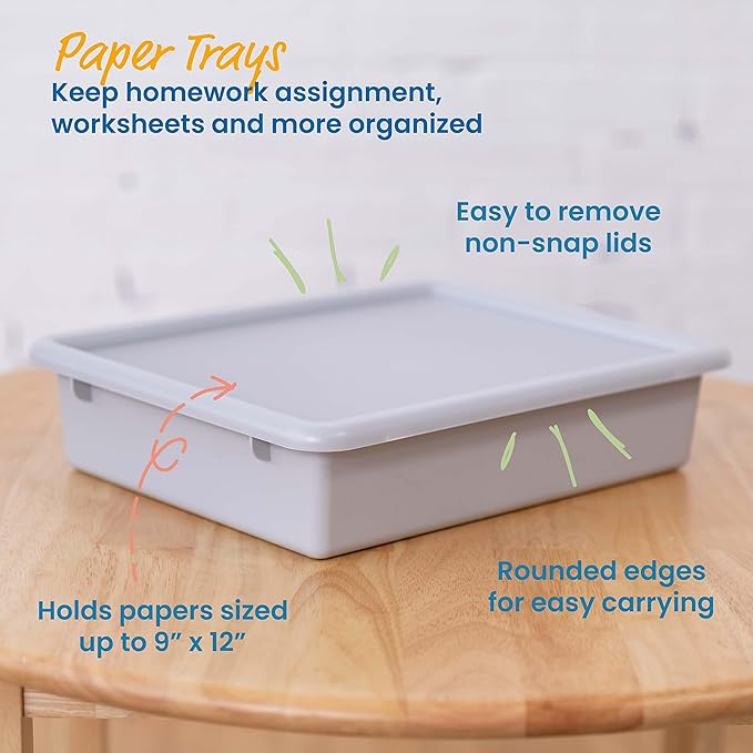 ECR4Kids Letter Size Tray with Lid, Storage Bin, Light Grey, 10-Piece