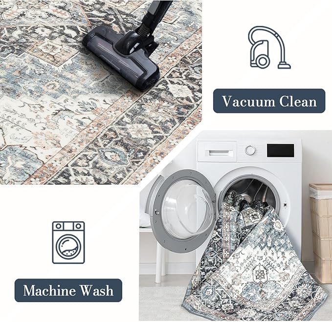 Domitapis Area Rug 5×7, Vintage Boho Rug,Ultra-Soft Low Pile, Washable, Non Slip,Stain Resistant Printed Carpet for Living Room Bedrooms Playroom Office Kitchen, Blue/Navy