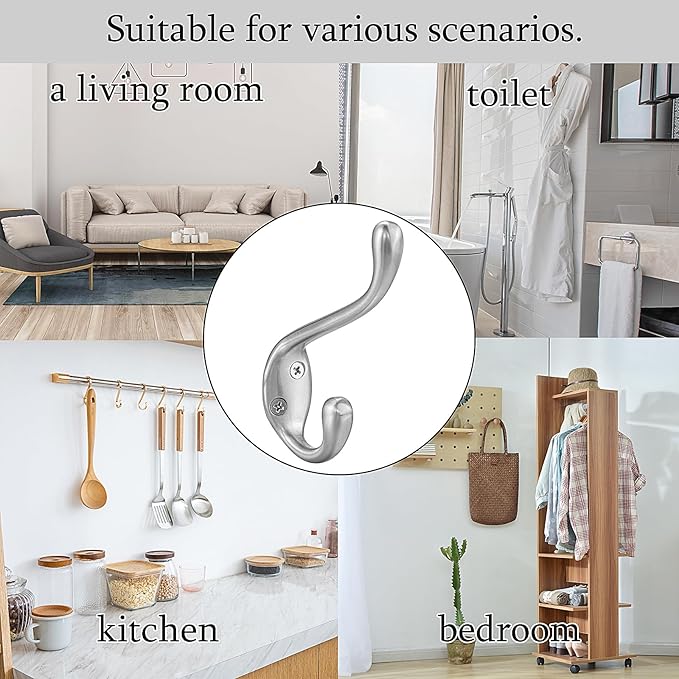 Coat Hooks 5 Pack - Heavy Duty Wall Mounted Brushed Nickel Door Hooks Double Prong Hooks for Hanging Clothes/Towels - Sturdiness Design with Better Mounting System