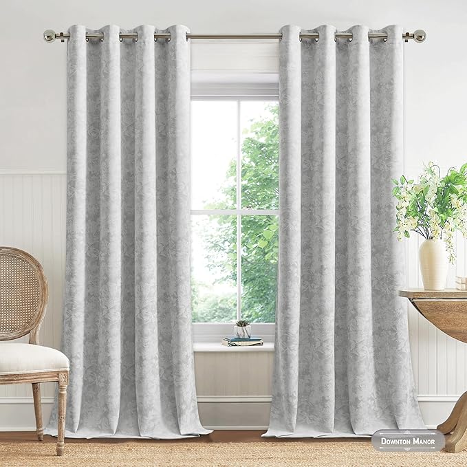 Beauoop Grey Floral Jacquard Blackout Curtains 120 Inches Long 2 Panels for Bedroom Living Room Gray Flower Chenille Room Darkening Thermal Soundproof Grommet Window Treatments Drapes, 52x120