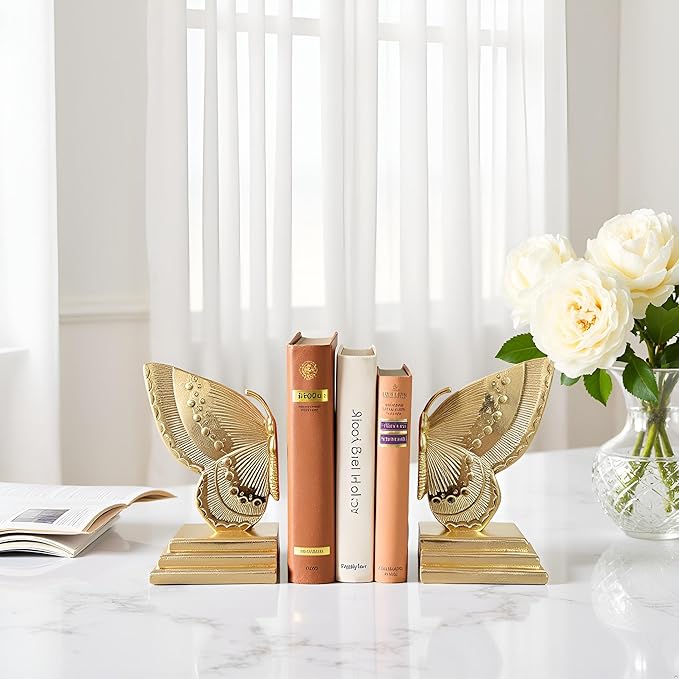 Golden Butterfly Bookends Set of 2 – Elegant Resin Book Stoppers, Heavy Duty Decorative Book Ends for Bookshelf, Home Office, and Gift