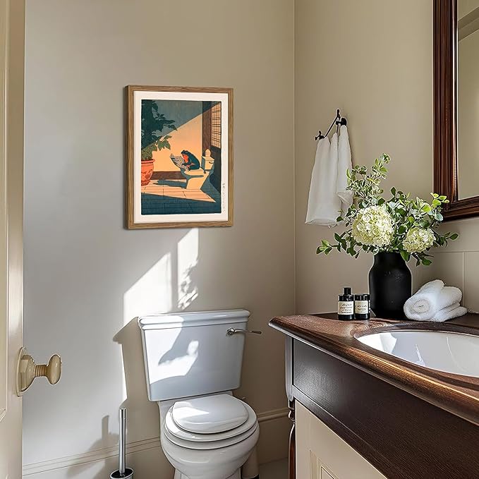 Funny Frog Bathroom Decor Wall Art, Cute Japanese Animal Canvas Wall Decor Painting, Whimsical Frog on Toilet Reading Newspaper Artwork Poster Prints Pictures for Bathroom Restroom 12x16 Inch