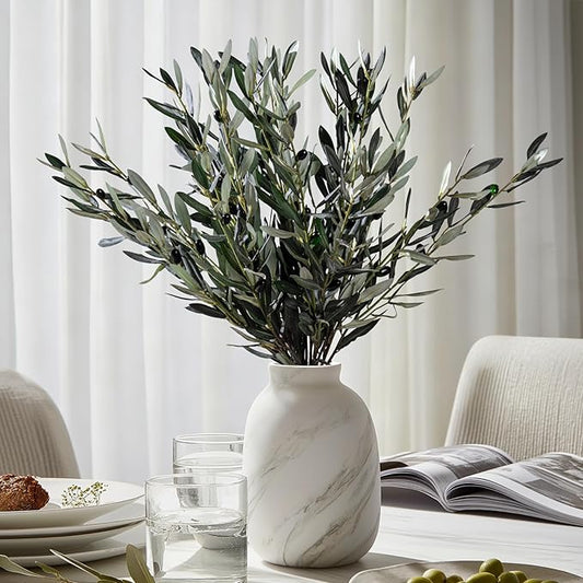 8PCS Premium Artificial Olive Branches for Vases - Realistic PU & Silk Faux Greenery Stems, 3 Sizes, Bendable Wire Stems, Low Maintenance Home/Office/Holiday Decor(No Vase