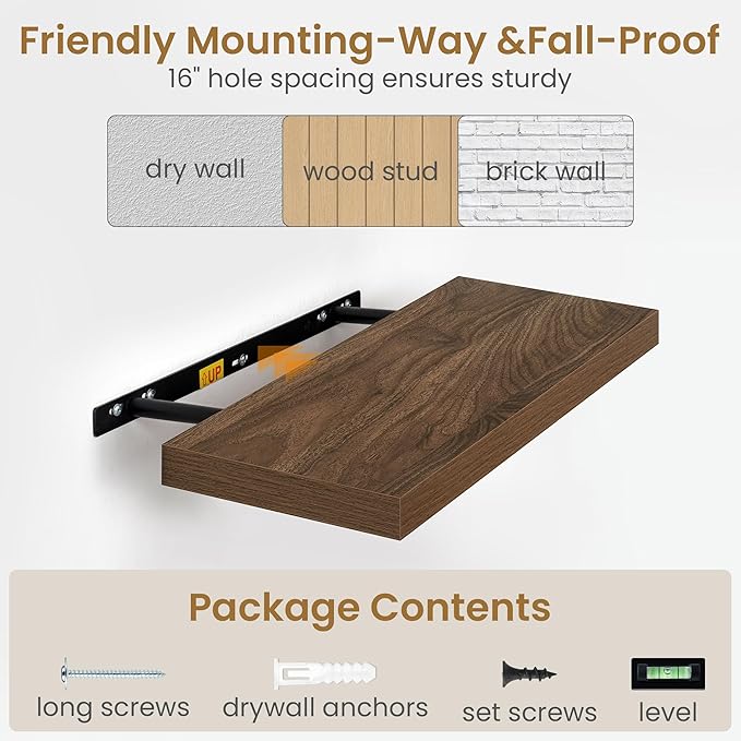 24"W x 9.3"D Floating Shelves for Wall, Wall Mounted Bathroom Shelves 2 Pack Deep Floating Shelf for Bedroom Kitchen Living Room, Rustic Wooden Wall Shelf with Invisible Bracket for Books Decor