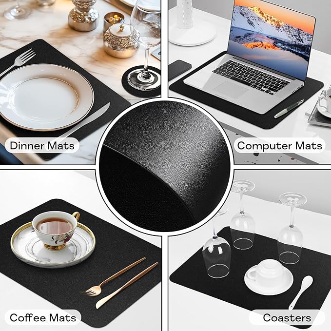 Faux Leather Placemats Set of 6, Vinyl Placemats Heat Resistant Place Mats, Waterproof Oil-Proof Wipeable Dining Table Mats and Coasters for Kitchen, Indoor, Outdoor (Black)