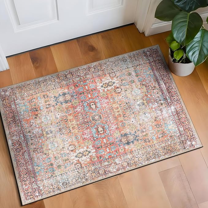 Rugshop Multi Transitional Distressed Accent Rug — Machine Washable & Non‑Slip, 2'x3' for Entryway, Kitchen and Bathroom