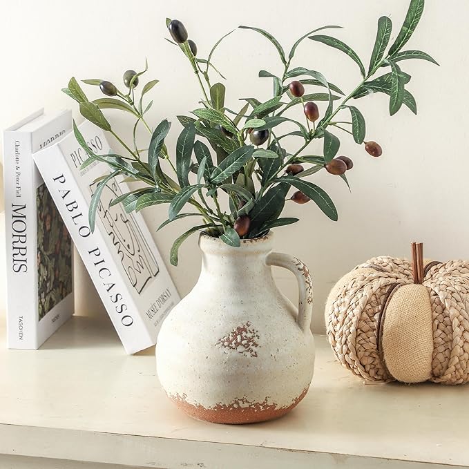Ceramic Flower Vase Home Decor - Farmhouse Vases Rustic Vintage Living Room Kitchen Bedroom Decorations for House Book Shelf Office Coffee Desk Dining Fireplace