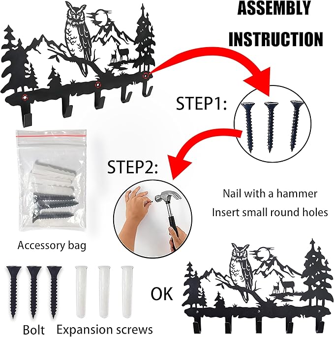 Metal Owl Hooks Wall Art Decor-Owl Hangers and Key Holder-Clothes Hat Rack and Backpack Hanger-Animal Theme Hooks Sweet Home Decor for Storage, Living Room, Hallway, Office (Black)