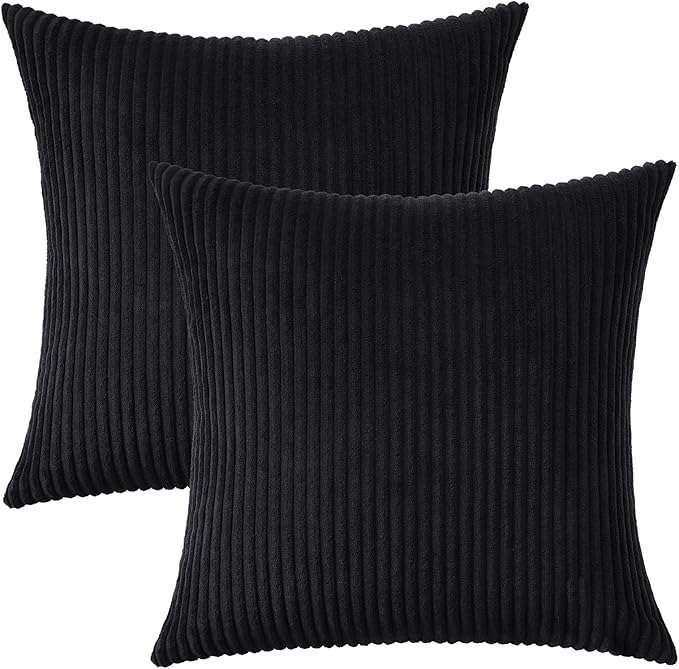 Mecatny Corduroy Decorative Throw Pillow Covers 22x22 Set of 2 for Sofa Living Room, Soft Neutral Boho Couch Pillow Covers for Home Decor, Black