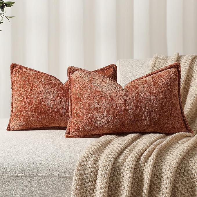 DEZENE Pack of 2 Burnt Orange Fall Decorative Throw Pillow Covers 12x20 Cozy Soft Chenille Accent Vintage Rectangular Lumbar Couch Pillow Covers for Home Decor Bed Sofa Living Room