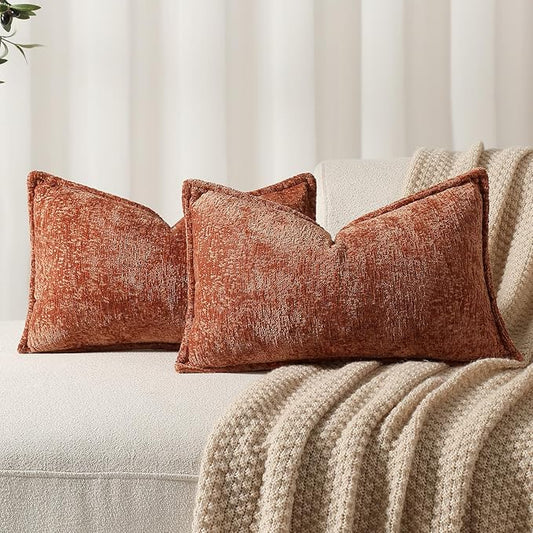 DEZENE Pack of 2 Burnt Orange Fall Decorative Throw Pillow Covers 12x20 Cozy Soft Chenille Accent Vintage Rectangular Lumbar Couch Pillow Covers for Home Decor Bed Sofa Living Room