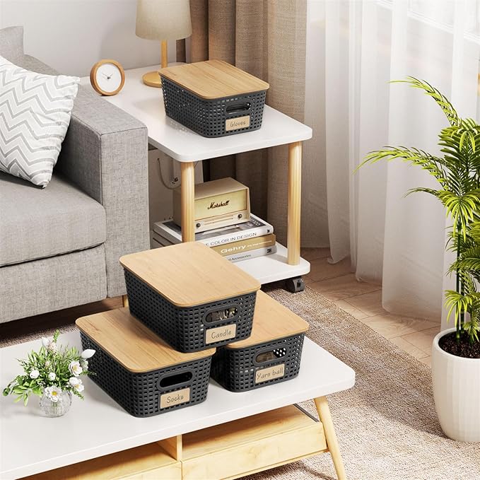 Plastic Storage Bins with Bamboo Lid - Stackable Pantry Storage Organizer with Lid - Storage Basket with Lable for Organizing: Small Storage Box for Shelves Cabinet Office Drawer Desktop 10x7x4in 6Pcs