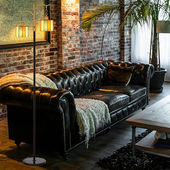 Asmymhd Vintage Dimmable Floor Lamp, Tiffany Standing Lamp with 2 Stained Glass Shades, Rustic Farmhouse Floor Lamp with Black and Gold Finish for Living Room Bedroom