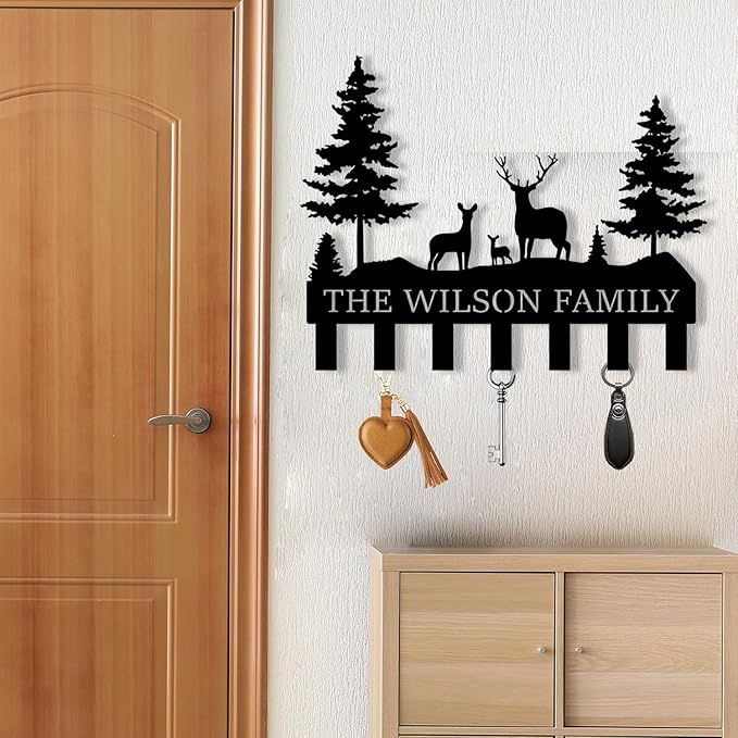 Personalized Metal Key Holder for Wall, Forest Design Rack, Metal Wall Mount Custom Name Hooks Decoration, Name Letter Wall Decoration Key Hooks, Key Hanger Decor, Key Organizer for House, Farmer Gift