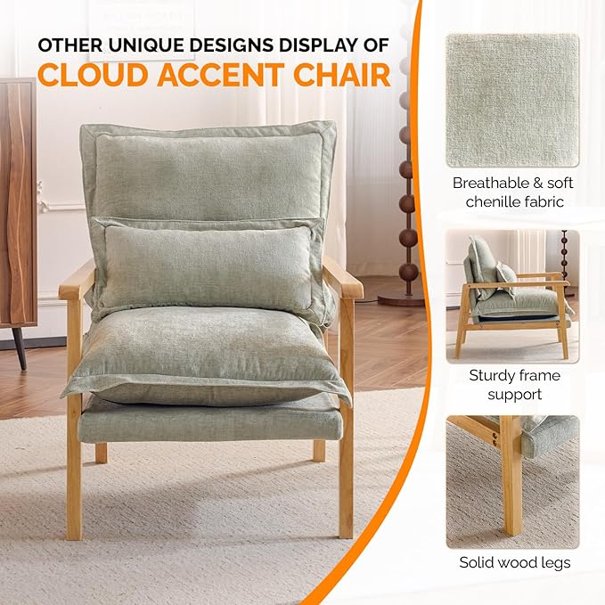 VINGLI Mid-Century Modern Cloud Accent Armchair with Lumbar Pillow, 6.3'' Thick Seat Cushion Comfy Reading Chair with Wooden Armrests，Boho Lounge Chair for Bedroom, Living Room, Chenille, Sage Green