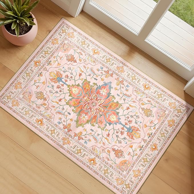 RELEANY Area Rugs 2'x3' Washable Non-Slip, Floral Vintage Distress Print Pattern Medallion Carpet for Living Room Bedroom Dining Room, Light Pink Colorful