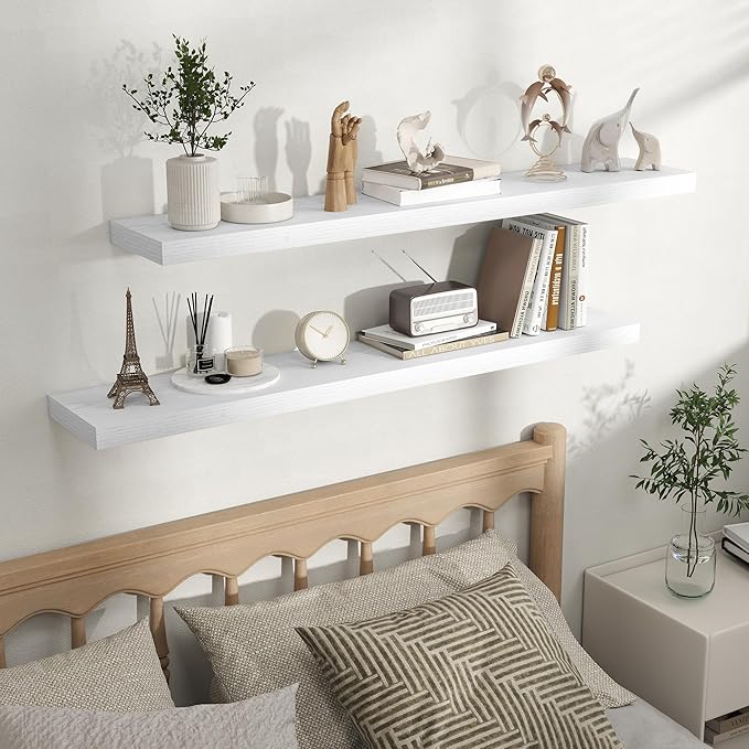 Fun Memories Rustic Floating Wall Shelves, Wall Mounted Wood Storage & Display Shelves for Bathroom, Bedroom, Living Room or Kitchen, (Set of 2, White, 48 in)