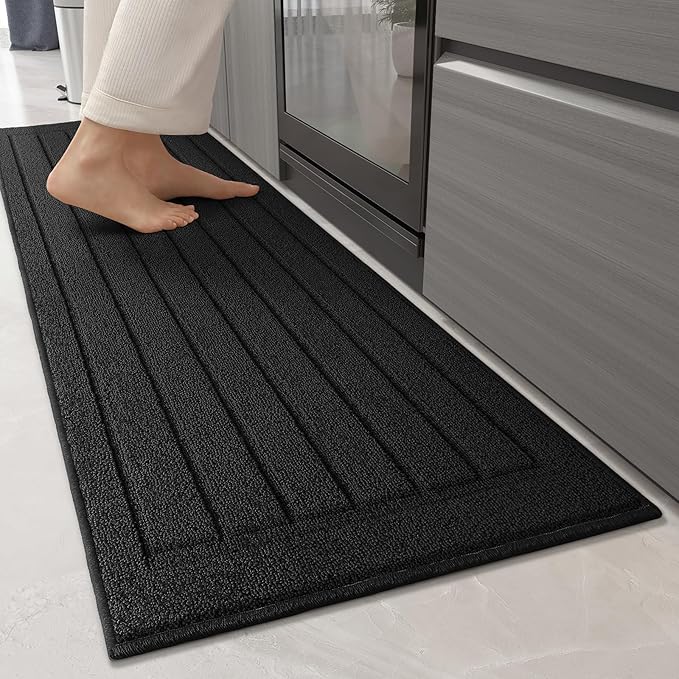 Color&Geometry Striped Designed Absorbent Washable Polypropylene Kitchen Floor Mat, Black 17"x79", Non Slip TPE Backed, Low-Profile Sink Runner Rugs, Easy Clean Long Kitchen Carpet (Roll Packed)
