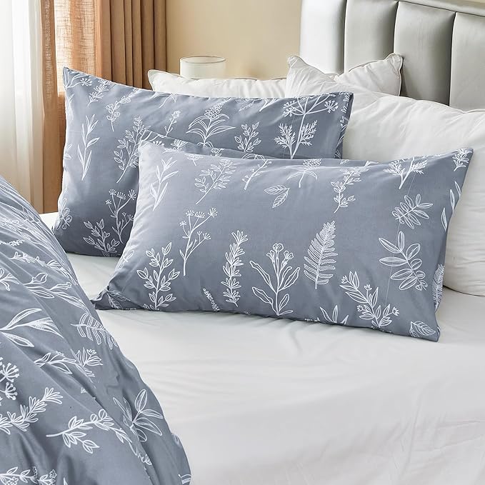 MUXHOMO Duvet Cover Queen Size, Reversible Floral Grey Duvet Cover Set with Zipper Closure, 3 Pieces Botanical Patterns Soft Microfiber Bedding Set with 4 Ties (90"x90", 2 Pillow Cases)