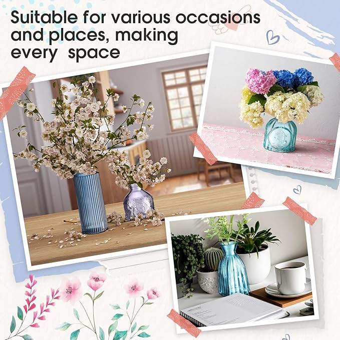 Yaomiao 30 Pcs Vases Bulk Colored Flower Glass Bud Vases Valentine Vintage Colored Glass Bottles Colorful Rustic Embossed for Home Wedding Table Decorations Gifts(Blue Series)