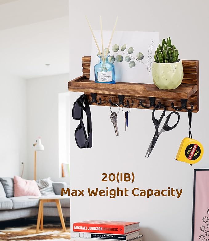 Decorative Key Hanging Rack with 4 Double Hooks – Easy Install Natural Wooden Key and Mail Holder for Wall Mount – Entryway Decor Rack with Shelf (Brown)