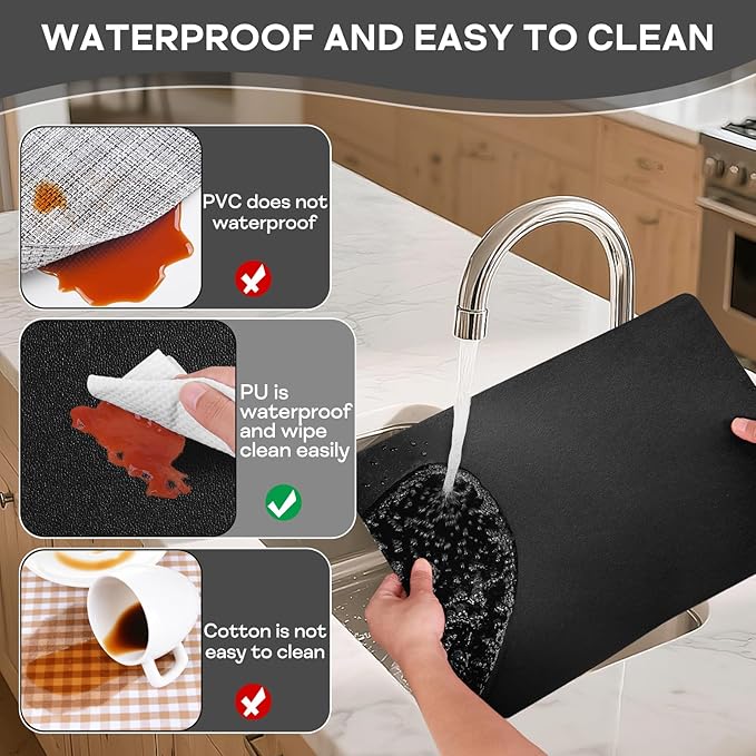 Faux Leather Placemats Set of 6, Vinyl Placemats Heat Resistant Place Mats, Waterproof Oil-Proof Wipeable Dining Table Mats and Coasters for Kitchen, Indoor, Outdoor (Black)