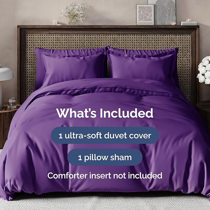Duvet Cover Twin/Twin XL Size Set - Extra Soft Duvet Cover 68 x 90 with 1 Pillow Sham - Hotel Luxury, Easy Care and Fade Free with Zipper Closures & Ties - Comfy, Cozy Breathable Bedding Set (Purple)