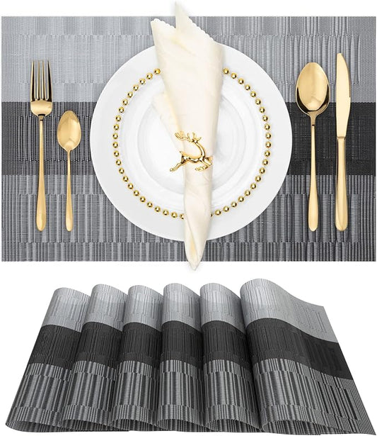 Winknowl Placemats Set of 6, Heat Resistant Non-Slip Vinyl Woven Table Mats for Dining Table, Washable Durable Elegant Place Mats for Kitchen Indoor/Outdoor Use (Black)