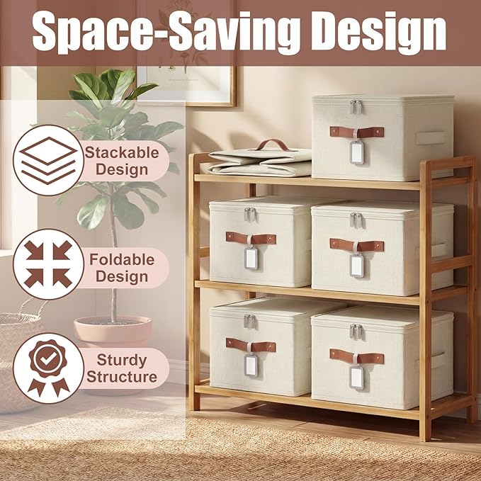 6 Pack Fabric Storage Bins with Lids and Label, 10×8×7Inch Foldable Cotton Linen Cute Storage Boxes with PU Leather Handles for Closet, Bedroom, Shelf, Nursery, Beige