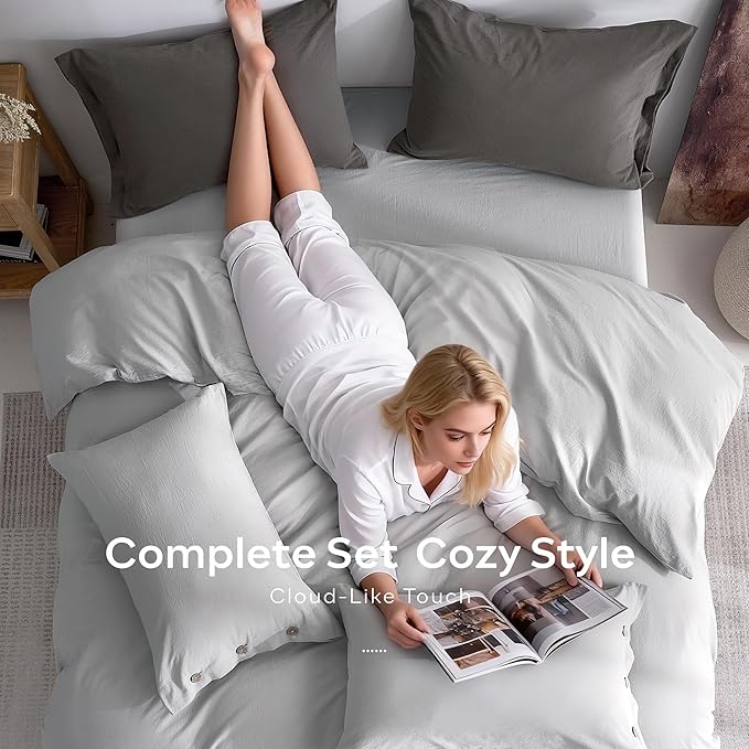 JELLYMONI 100% Washed Cotton Duvet Cover Twin – Soft, Breathable Linen-Look Bedding with Natural Wrinkle Texture, Button Closure, 2-Piece Set (Pale Grey, 68"x90")