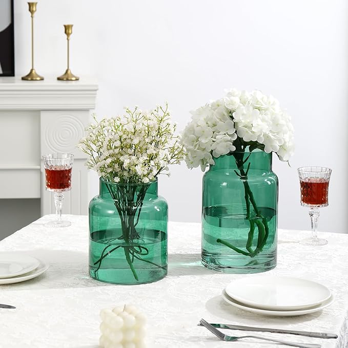 Large Glass Vase, Green Glass Vase Set of 2, Large Flower Vases for Bouquet, Tall Wide Mouth Vases for Flowers, Home, Wedding, Living Room, Office Decor, 7"+9"