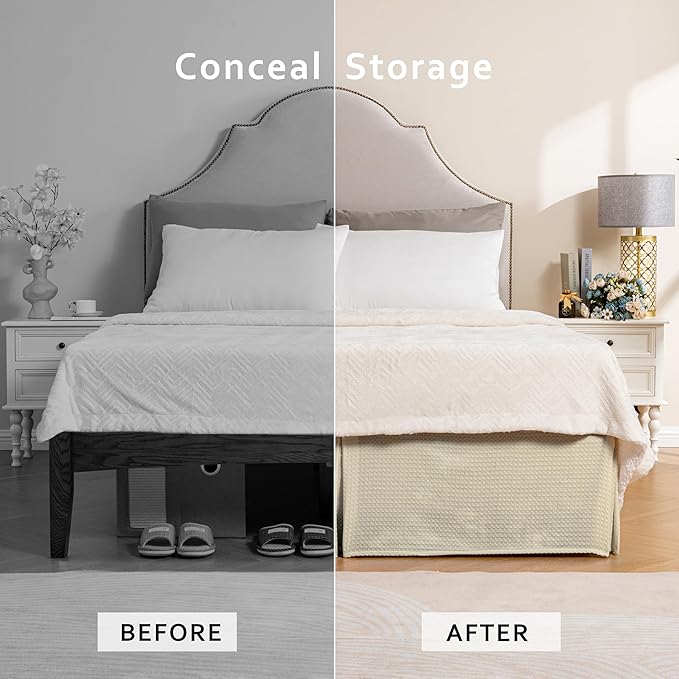 MIYE Pleated Waffle Weave Bed Skirt, Tailored Dust Ruffle 14 Inch Drop Easy Fit, Machine Washable,No Split Corners (Light Beige, Queen - 14" Drop)