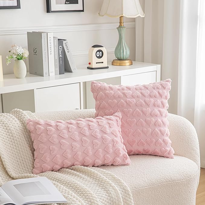 AQOTHES Set of 2 Heart Love Cute Pink Decorative Valentines Throw Pillow Covers 20x20, Soft Plush Faux Fur Pillow Covers for Couch Sofa Home Valentines Day Decoration
