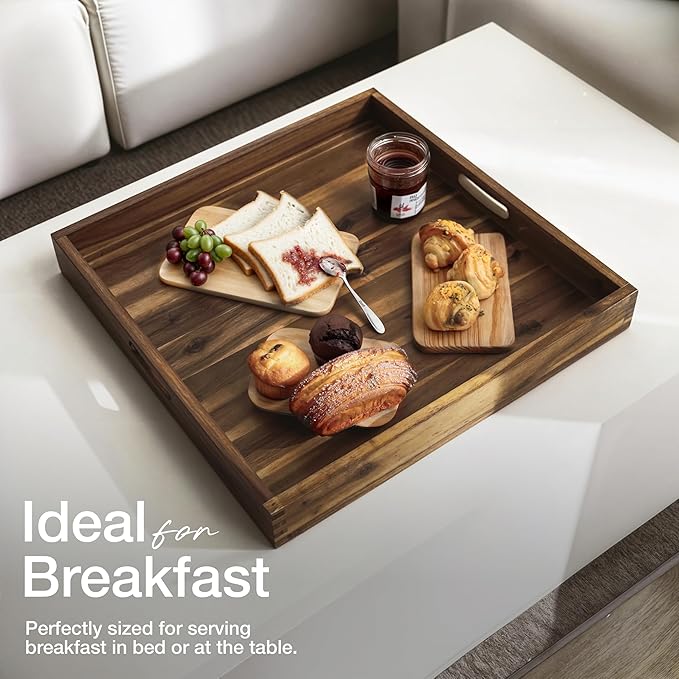 20 Inch Acacia Wood Square Ottoman Tray - Wooden Square Serving Tray with Handles - Extra Large Food Serving Trays for Decorative, Coffee Table, Breakfast in Beds (Walnut Color)