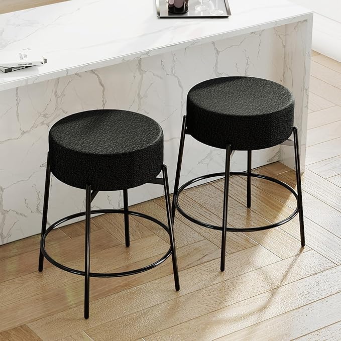 SoarFlash Modern Rotatable Bar Stools Set of 2, 24" Sherpa Swivel Counter Height Stools with Round Soft Padded Boucle Backless Seat, Black