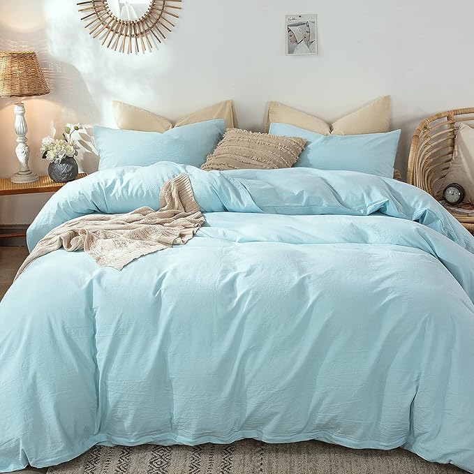 MooMee Bedding Duvet Cover Set 100% Washed Cotton Linen Like Textured Breathable Durable Soft Comfy (Heathered Light Blue, Queen 90"x90")