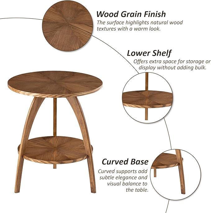 COZAYH Wood Round End Table with Storage Shelf, Walnut Finish Mid-Century Modern Accent Side Table with Curved Legs for Living Room, Easy Assembly, Stylish, Natural, Brown