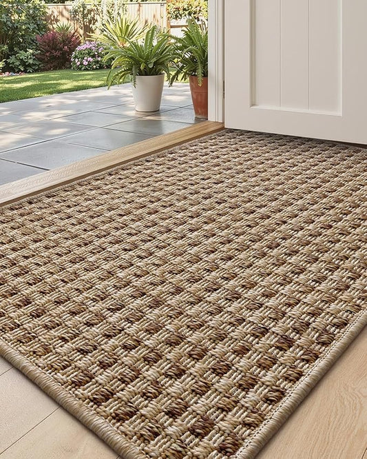 DEXI Dirt Trapper Door Mat, 24x39 Washable Doormat, Dirt Resistant and Absorbent, Easy Clean Low-Profile Floor Rugs for Entryway, Front Door, and Inside Entrance, Checkered Beige