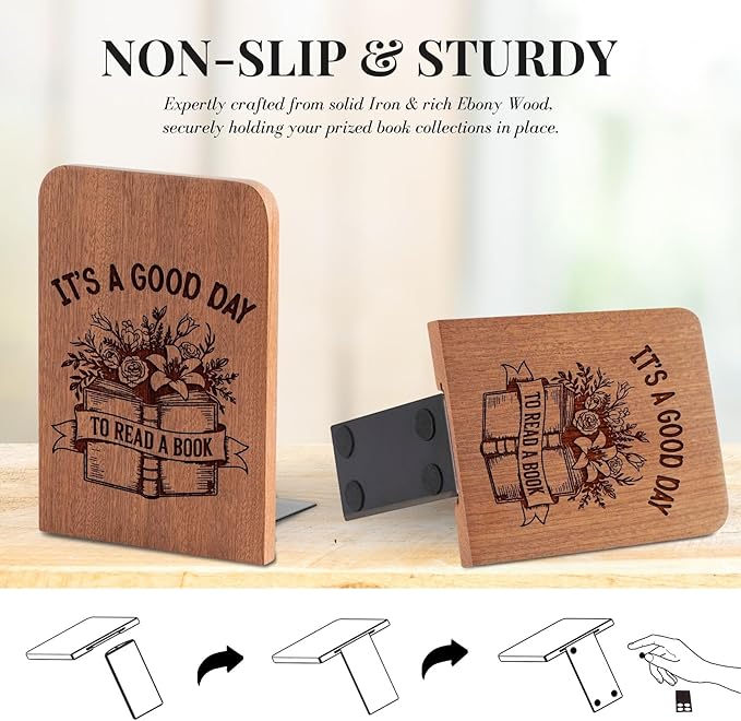 Book Lovers Gifts, Novelty Bookends Unique, Gifts for Book Lovers, Heavy Duty Wooden Book Ends for Shelves Decorative(1 Pair, 4.72x6.69 Inches) - Good Day