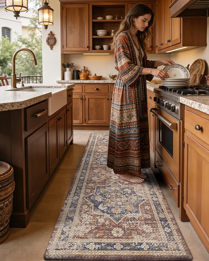 DEXI Kitchen Floor Mats Anti Fatigue, 17x59 Cushioned Vintage Runner Rug Waterproof, Standing Comfort Memory Foam Padded for Front Sink Laundry Office, Reddish Brown