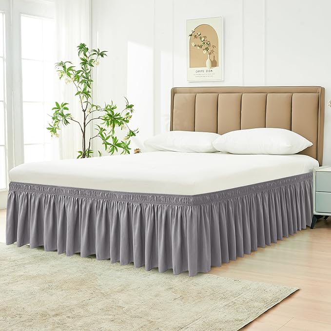 Biscaynebay Wrap Around Bed Skirts for Full & Full XL Beds Extra Short Drop of 9", Silver Grey Elastic Dust Ruffles Easy Fit Wrinkle and Fade Resistant Silky Luxurious Fabric Solid Machine Washable