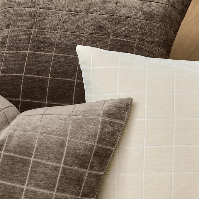 MIULEE Decorative Chenille Check Throw Pillow Covers Vintage Plaid Couch Pillows 20x20 Inch Set of 2 Neutral Boho Farmhouse Cushion Covers Modern Spring Home Decor for Sofa Bed Living Room Taupe Grey