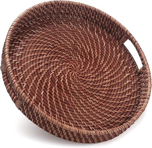 13.8 inch Rattan Tray, Round Wicker Tray with Cut-Out Handles, Woven Serving Tray for Dining/Coffee Table