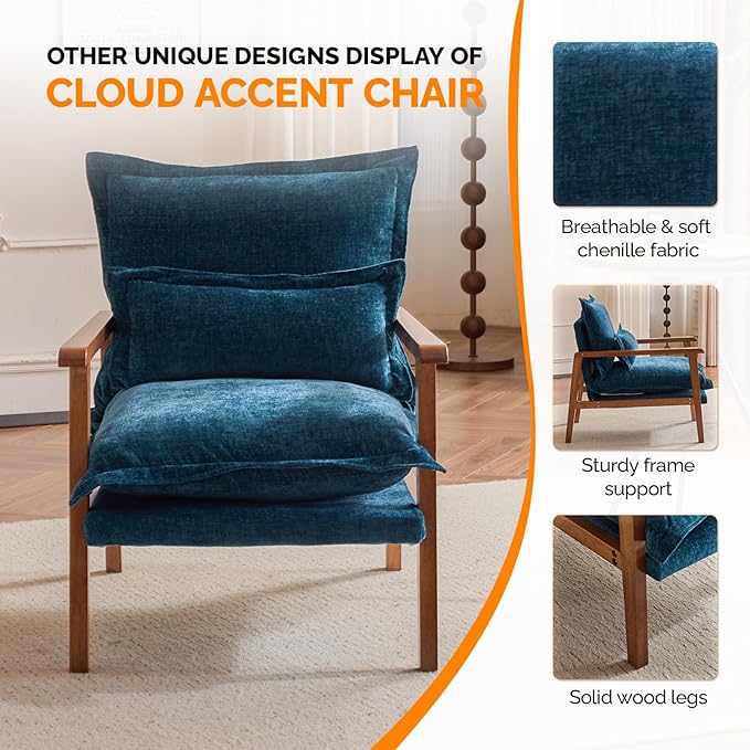 VINGLI Mid-Century Modern Cloud Accent Armchair with Lumbar Pillow, 6.3'' Thick Seat Cushion Comfortable Reading Chair with Wooden Armrests，Boho Lounge Chair for Bedroom, Living Room, Chenille, Teal