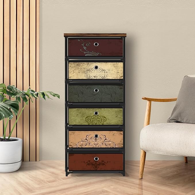 6 Drawers Storage Organizer Cabinet, Decorative Storage Chest, Small Dresser, Stand Nightstand for Bedroom, Living Room, Closet, Entryway, Hallway, Nursery, Dorm