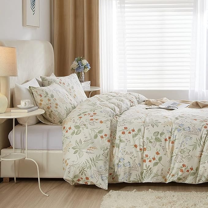 LifeTB Chic Floral Duvet Cover Twin XL Cotton Botanical Bedding Sets Vintage Style Aesthetic Comforter Garden Flower Branches Pattern with Zipper Closure 4 Ties